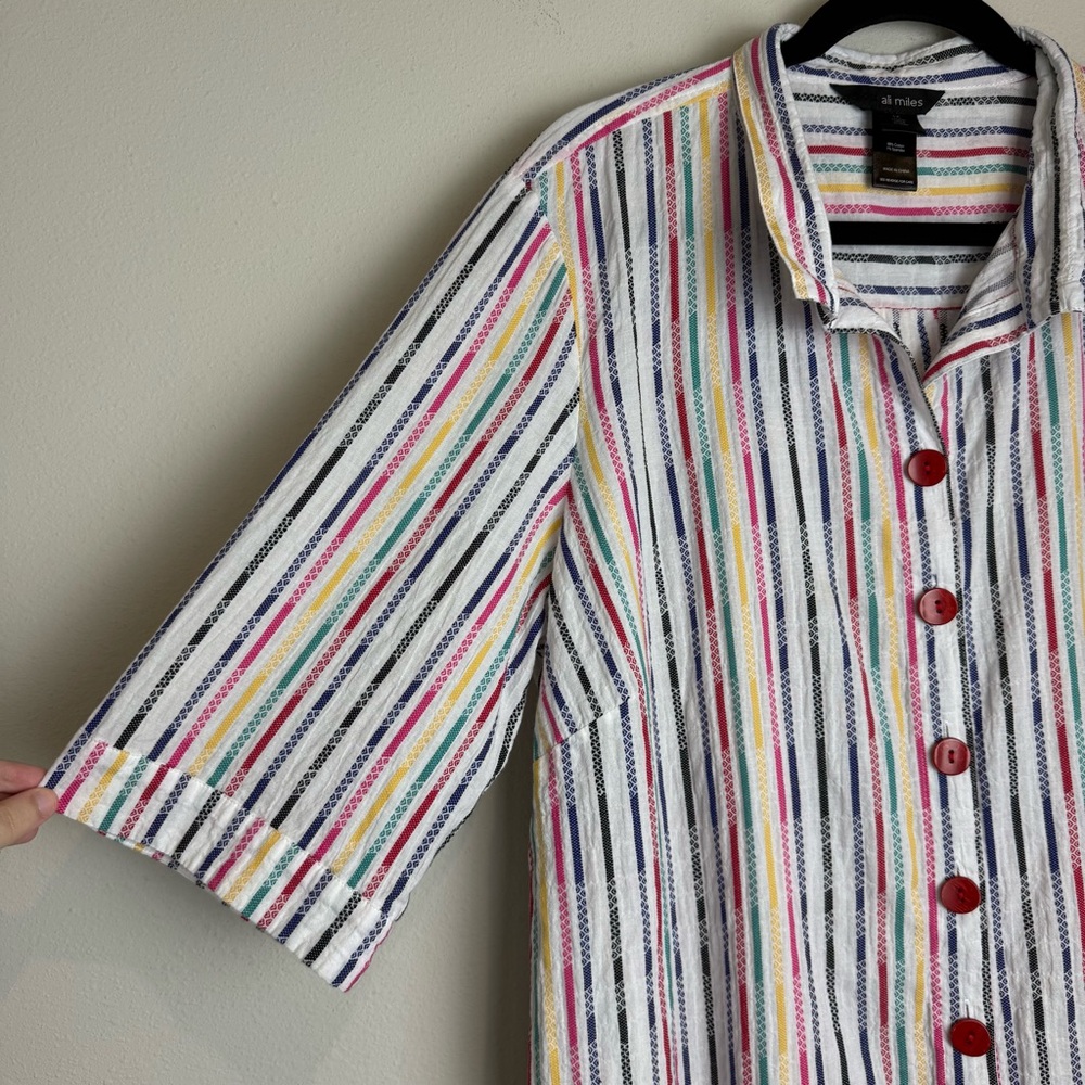Ali Miles 1X Yarn-Dye Textured Multicolor Stripe Wire Collar Button Up Blouse - Picture 3 of 6